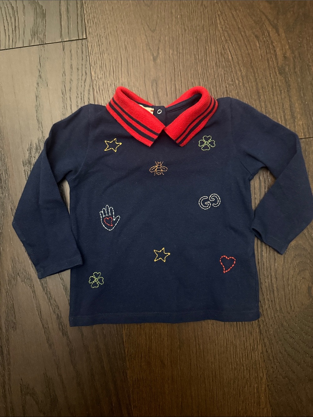 Gucci Navy Long Sleeve Polo Top with Red Striped Collar